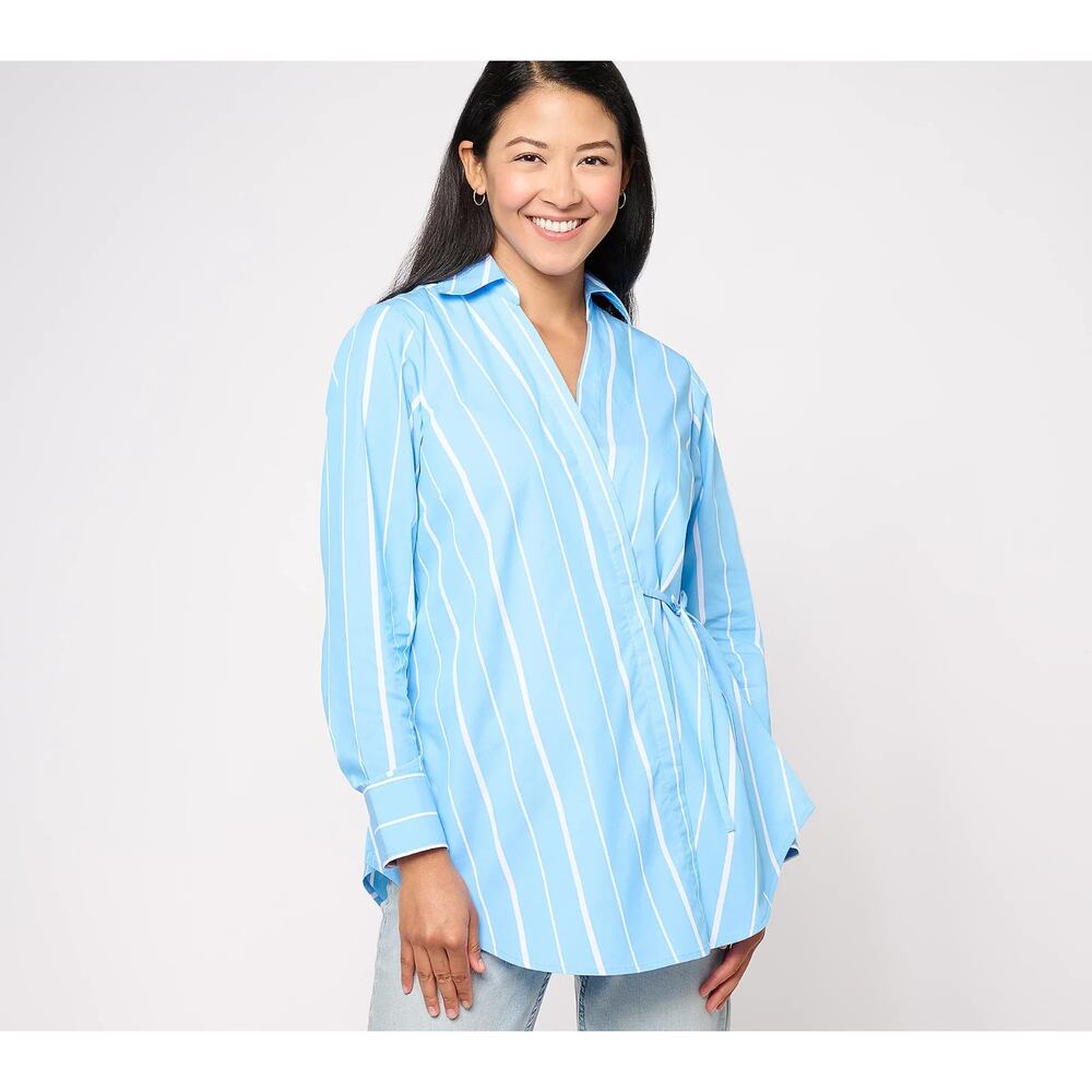 Studio Park x Leah Williams Woven Collared Wrap Shirt Sky Blue Size XL Striped